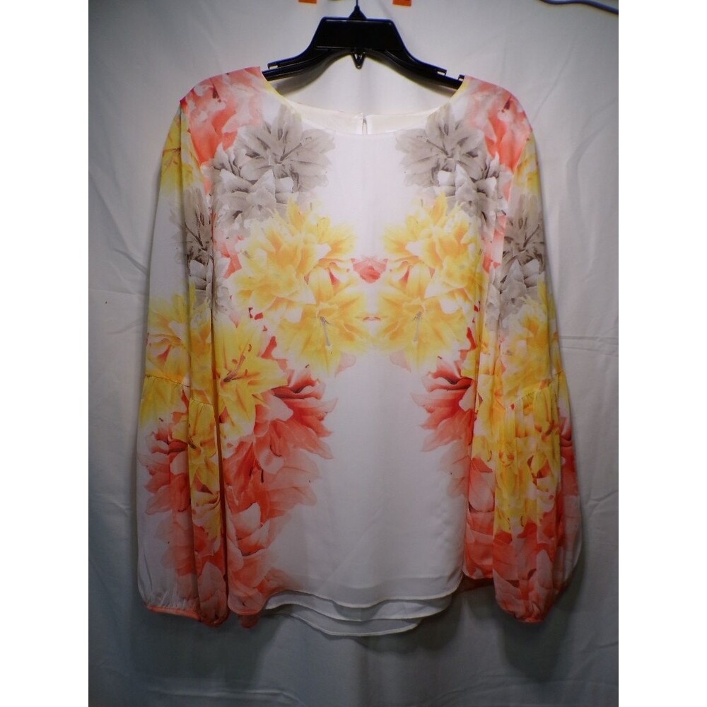 Calvin Klein Women's Floral Chiffon Blouse Blouson Sleeve Crew Neck XL